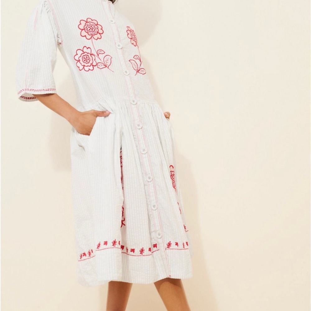 Free People White Midi Dress with Red Floral Embroidery